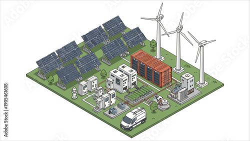  Isometric Illustration of Renewable Energy Facility with Solar, Wind, Battery Storage, Smart Grid, and EV Integration