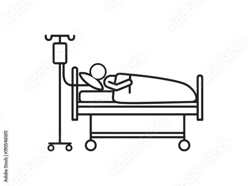 Hospital patient in bed line icon. Medical IV drip treatment and inpatient recovery symbol. Healthcare insurance sign.
