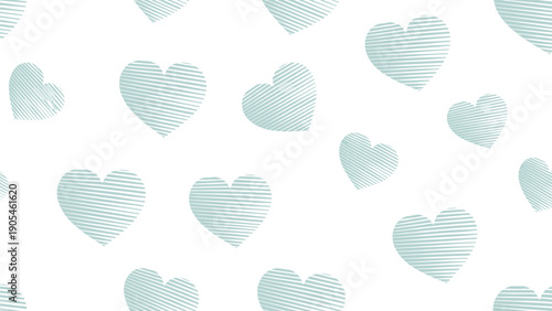 Minimalist seamless pattern of pale blue heart shapes with a textured hand drawn appearance over a clean white background for textiles.
