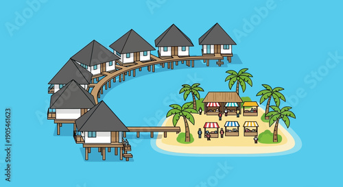 Tropical island resort illustration overwater bungalows connected by a pier to an island market, depicting an ideal vacation destination