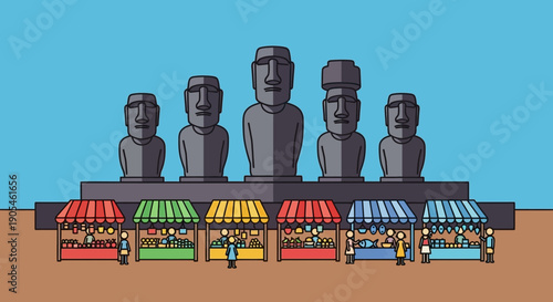 Vector illustration of a vibrant local marketplace with colorful stalls and vendors set against a backdrop of ancient giant stone head statues