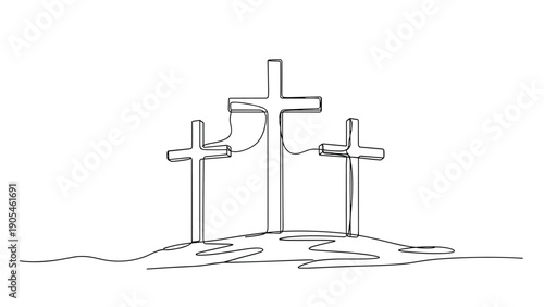 Continuous one line drawing of three wooden crosses standing on a hill, minimalist christian symbol for easter, faith, and spirituality.