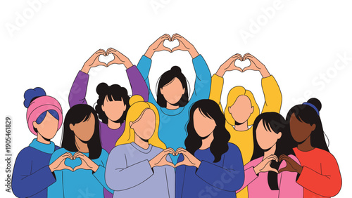 Group of diverse women making heart shapes with their hands, representing multi-ethnic unity, sisterhood, and global love concepts.