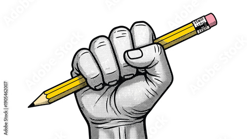 Hand drawn sketch of a strong clenched fist holding a yellow pencil, representing creative power, freedom of expression, and education.