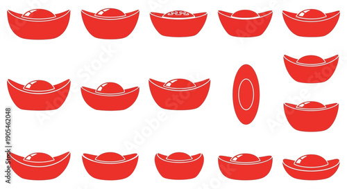 Vector illustration set of traditional red Chinese gold ingots, symbols of luck and prosperity for the Asian Lunar New Year festival celebration