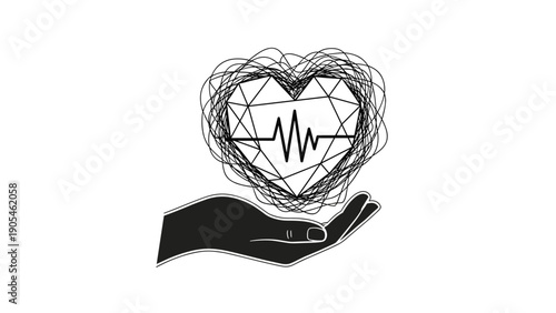 Minimalist mental health concept with a geometric heart and a pulse line held by a hand, surrounded by abstract scribbled messy lines.