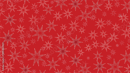 Seamless pattern of tiny white hand drawn stars twinkling on a bright red background, festive and magical starry night theme wallpaper.