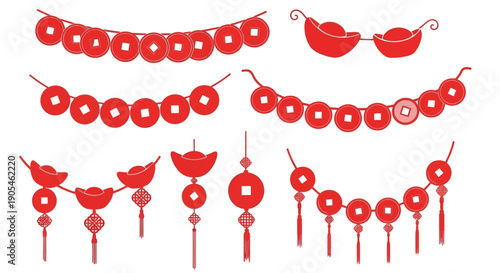 Chinese New Year Decorations Featuring Lucky Coins, Ingots, and Tassels in Red, symbolizing prosperity, good fortune, and celebration during festive occasions