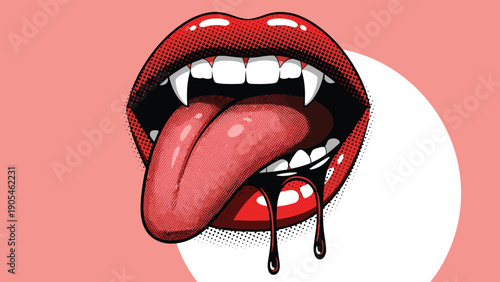Pop art illustration of open red lips with fangs and two long tongues dripping dark liquid, edgy vampire or gothic horror themed graphic.