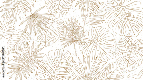 Elegant background pattern of various tropical palm and monstera leaves in golden brown outlines on a white background, botanical design.