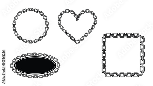 Set of four different frame shapes made of metallic silver chains including circle, heart, square, and oval on a clean white background.