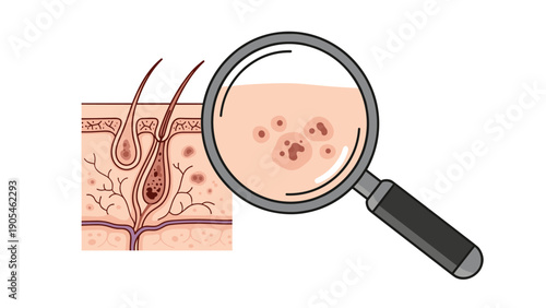 Diagram showing skin structure under a magnifying glass with hair follicles and dark moles, medical dermatology and skincare concept art.