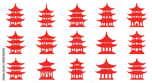 Collection of traditional red Chinese pagodas, architectural structures representing ancient East Asian culture and heritage, isolated on a white background