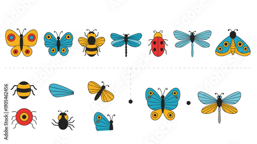 Educational worksheet for children to match colorful insects like butterflies and bees with their wings and bodies, fun learning activity.
