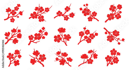 A beautiful collection of stylized red cherry blossom branches in a flat design. Isolated vector set of sakura floral elements for spring celebration