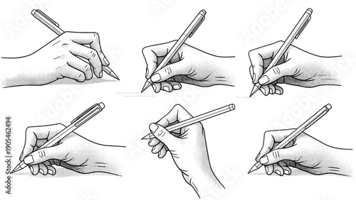Set of six different views of hands holding a pen or pencil in various writing positions, collection of hand gestures for study and work.
