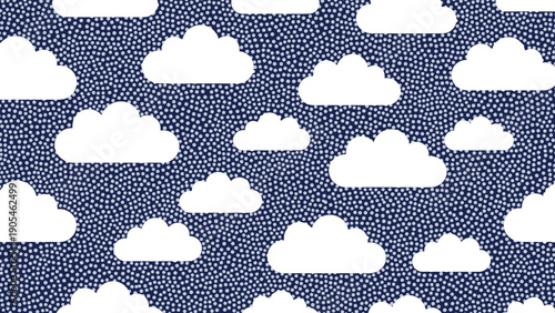Seamless pattern of white fluffy clouds on a dark blue background filled with tiny white specks, starry night sky or dreamy wallpaper.