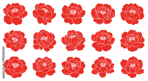 Seamless collection of vibrant red peony flowers illustrated with fine white outlines, symbolizing prosperity and elegance in a classic floral pattern