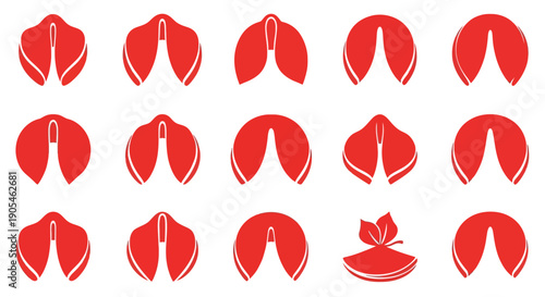 An engaging assortment of red fortune cookie illustrations, representing wisdom, destiny, and good fortune, ideal for festive events and oriental-inspired projects