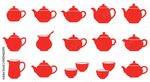 A delightful set of varied red teapots and elegant teacups, presented as clean vector illustrations, perfect for beverage industry branding, culinary themes, and home decor projects