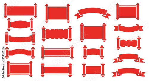 Collection of classic red ribbon banners and ancient scroll templates. Blank vector shapes and empty frames for headings, titles, and decorative text