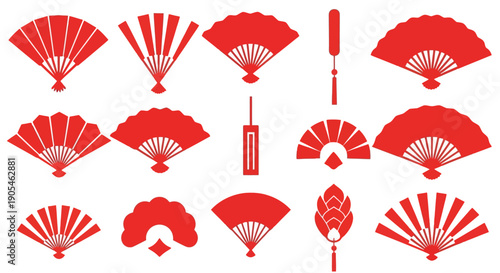 Collection of diverse traditional red Japanese hand fans and ornamental decorative elements, showcasing cultural heritage and artistic design for various uses and styles