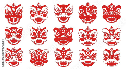 Vibrant collection of ornate traditional lion dance masks, embodying the rich cultural spirit, prosperity, and good fortune for festive celebrations