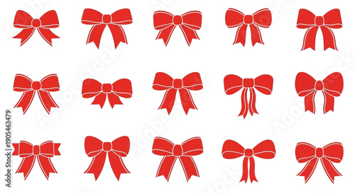 Set of various beautifully designed red ribbon bows adorned with subtle silver highlights, ideal for enhancing presents, invitations, and holiday adornments