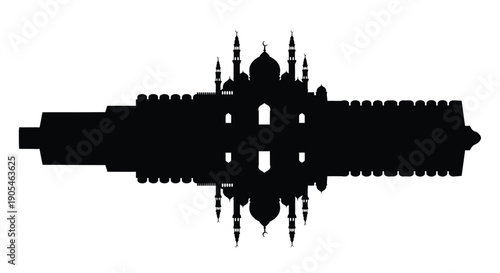 Mosque silhouette with minarets and domes in symmetrical reflection