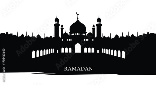 Ramadan Mosque Silhouette with Crescent Moon in Minimalist Design