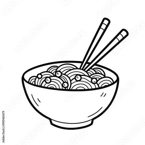 A bowl of noodles with chopsticks resting on top, viewed from the side in a simple illustration style