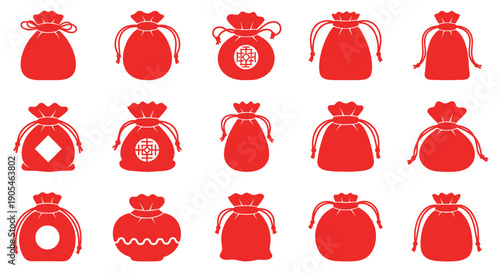 Set of traditional red lucky money bags, symbolizing prosperity and good fortune for Asian cultural celebrations and festive gifting. Decorative pouches