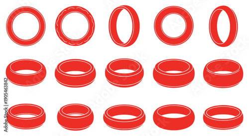 A collection of 3D rendered red torus shapes in a grid formation, showcasing various perspectives and cross-sections of the geometric form