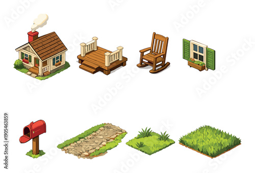 Isometric cartoon house and outdoor elements with porch and rocking chair