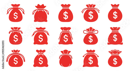 Set of red money bags with dollar signs in a flat icon style. Vector illustrations representing wealth, profit, savings, finance, and investment concepts