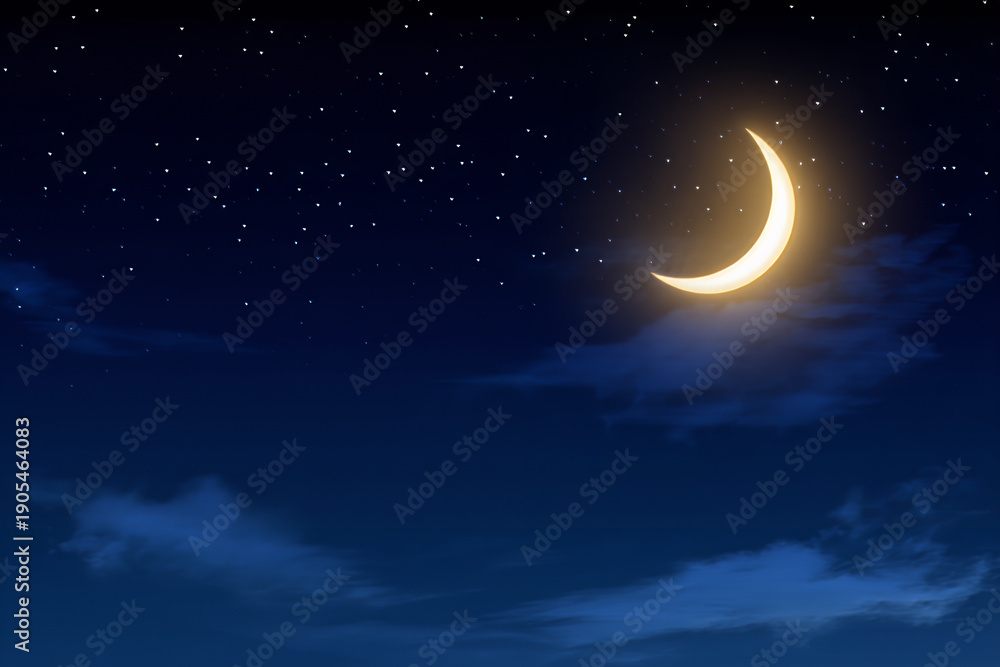 Naklejka premium Eid Night Sky Background with Crescent Moon and Stars