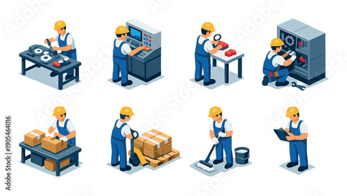Isometric illustrations of diverse industrial workers performing various tasks