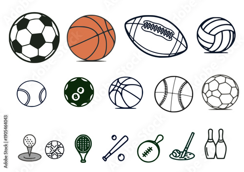 Sports Balls Minimal Flat Line Vector Icon Set. Soccer, Football, Tennis, Golf, Bowling, Basketball, Hockey, Volleyball, Rugby, Pool, Baseball, Ping Pong 