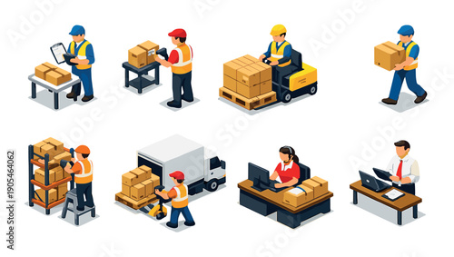 Isometric warehouse workers in various roles and equipment