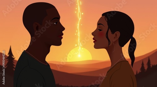 Silhouettes of two people standing apart but connected by a single, glowing thread of light, minimalist landscape at sunset