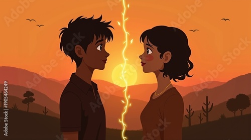 Silhouettes of two people standing apart but connected by a single, glowing thread of light, minimalist landscape at sunset