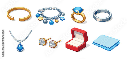 Colorful jewelry set: rings, necklace, bracelet, earrings, box, cloth