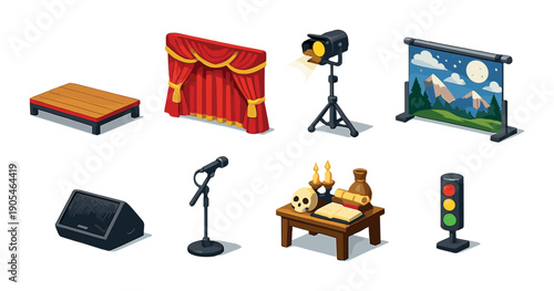 Theatrical stage icons collection: microphone, spotlight, scenery, props, and more