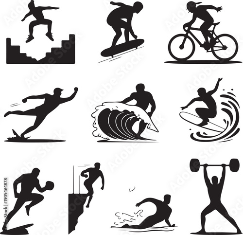 Black silhouettes of people performing various sports activities  running cycling surfing skateboarding