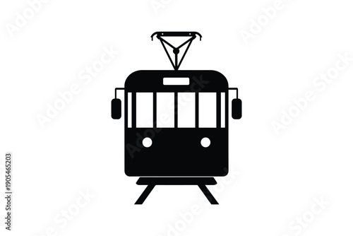 Front view silhouette of electric tram car with overhead power lines isolated on white background for transport