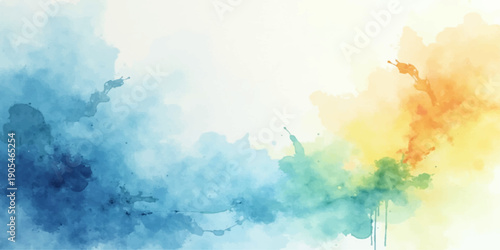 Beautiful abstract watercolor background of a bright blue sky with vintage clouds and soft sunlight shining through the summer air