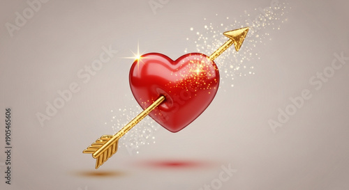 Red heart pierced by golden arrow with sparks on beige background