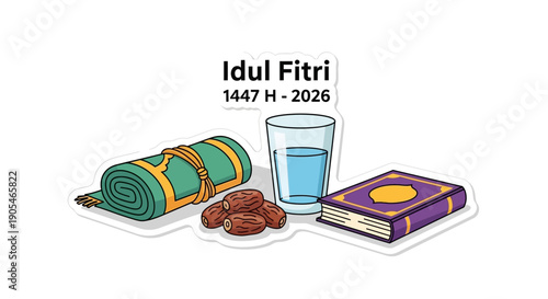 Eid al Fitr celebration with traditional Eid food, feast, and Muslim family gathering around prayer mat and holy book