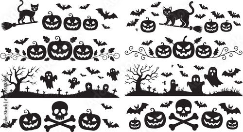 Halloween Silhouette Collection with Pumpkins Bats Ghosts Black Cat Skull and Graveyard Vector Set