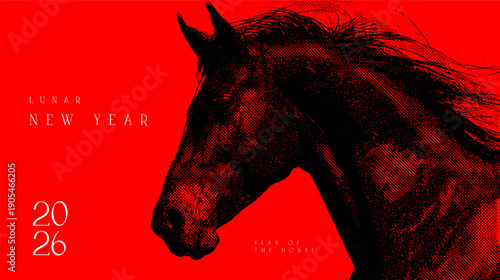 A wild horse head stallion vector illustration with a black mane silhouetted against a red background as a powerful animal art symbol, lunar chinese new year 2026